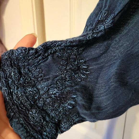 L'affaire, S | Boho Deep Blue Embroidered Tunic With Front Draw Strings - Picture 3 of 5